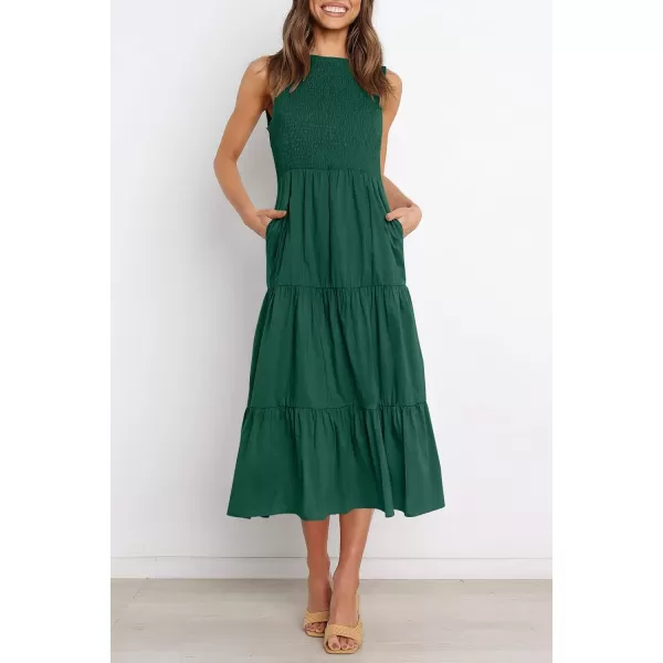 imageZESICA Womens 2024 Summer Casual Sleeveless Crew Neck Smocked High Waist Flowy Tiered A Line Midi DressForestgreen