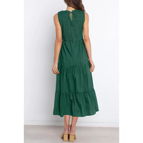 imageZESICA Womens 2024 Summer Casual Sleeveless Crew Neck Smocked High Waist Flowy Tiered A Line Midi DressForestgreen
