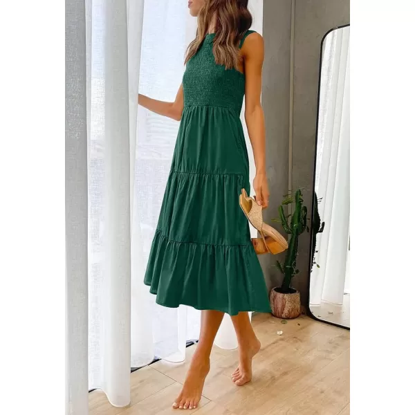 imageZESICA Womens 2024 Summer Casual Sleeveless Crew Neck Smocked High Waist Flowy Tiered A Line Midi DressForestgreen