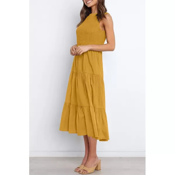 imageZESICA Womens 2024 Summer Casual Sleeveless Crew Neck Smocked High Waist Flowy Tiered A Line Midi DressGinger