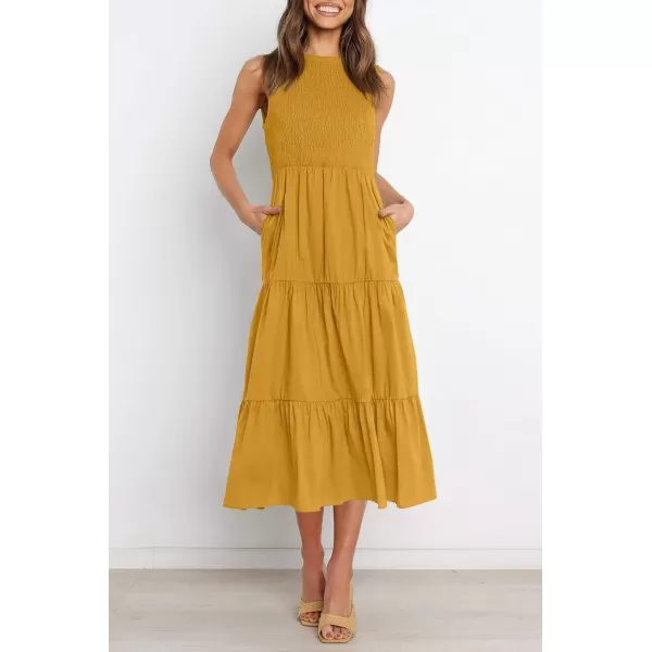 imageZESICA Womens 2024 Summer Casual Sleeveless Crew Neck Smocked High Waist Flowy Tiered A Line Midi DressGinger