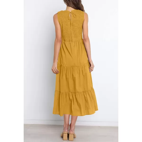 imageZESICA Womens 2024 Summer Casual Sleeveless Crew Neck Smocked High Waist Flowy Tiered A Line Midi DressGinger