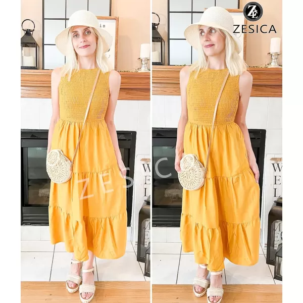 imageZESICA Womens 2024 Summer Casual Sleeveless Crew Neck Smocked High Waist Flowy Tiered A Line Midi DressGinger