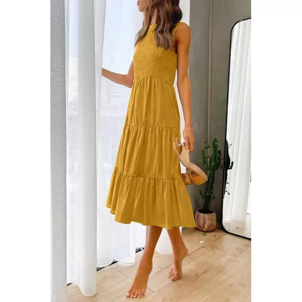 imageZESICA Womens 2024 Summer Casual Sleeveless Crew Neck Smocked High Waist Flowy Tiered A Line Midi DressGinger