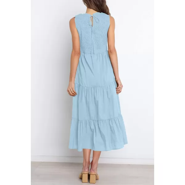 imageZESICA Womens 2024 Summer Casual Sleeveless Crew Neck Smocked High Waist Flowy Tiered A Line Midi DressLightblue