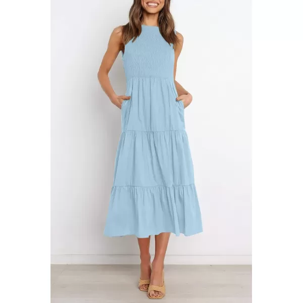 imageZESICA Womens 2024 Summer Casual Sleeveless Crew Neck Smocked High Waist Flowy Tiered A Line Midi DressLightblue