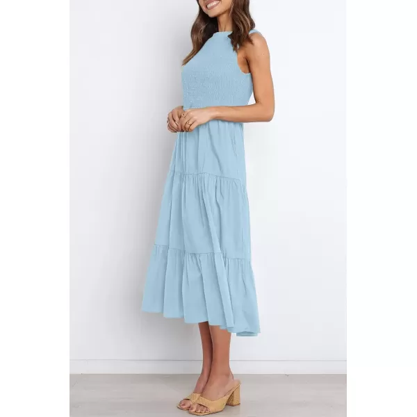 imageZESICA Womens 2024 Summer Casual Sleeveless Crew Neck Smocked High Waist Flowy Tiered A Line Midi DressLightblue