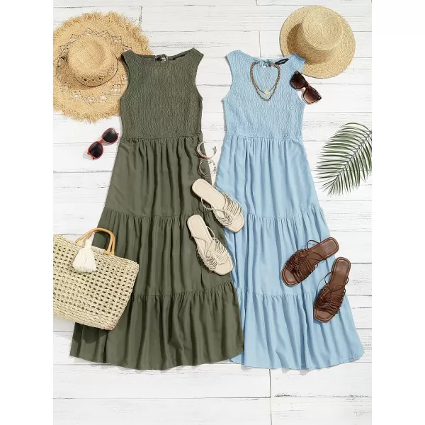 imageZESICA Womens 2024 Summer Casual Sleeveless Crew Neck Smocked High Waist Flowy Tiered A Line Midi DressLightblue
