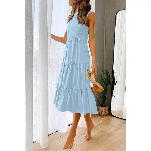 imageZESICA Womens 2024 Summer Casual Sleeveless Crew Neck Smocked High Waist Flowy Tiered A Line Midi DressLightblue