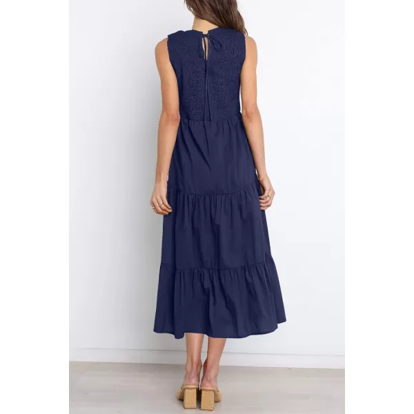 imageZESICA Womens 2024 Summer Casual Sleeveless Crew Neck Smocked High Waist Flowy Tiered A Line Midi DressNavy