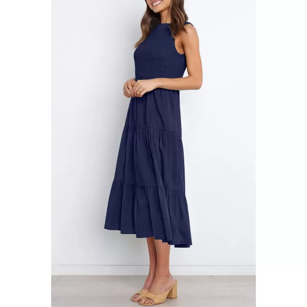 imageZESICA Womens 2024 Summer Casual Sleeveless Crew Neck Smocked High Waist Flowy Tiered A Line Midi DressNavy