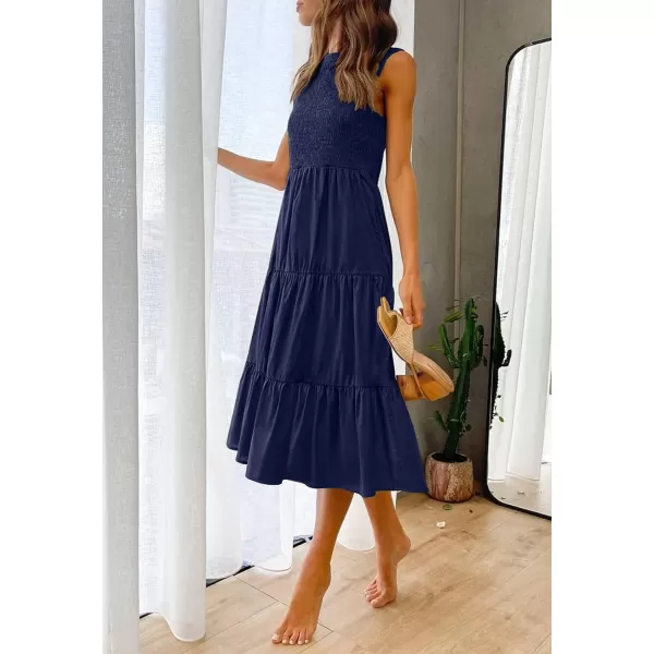 imageZESICA Womens 2024 Summer Casual Sleeveless Crew Neck Smocked High Waist Flowy Tiered A Line Midi DressNavy