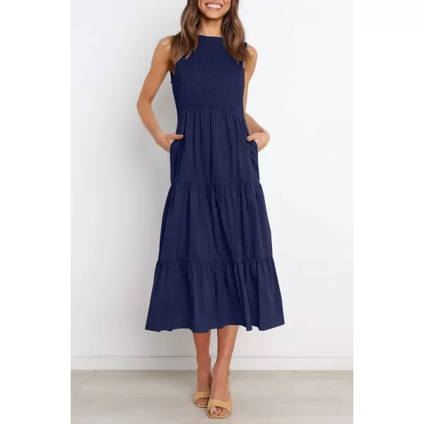 imageZESICA Womens 2024 Summer Casual Sleeveless Crew Neck Smocked High Waist Flowy Tiered A Line Midi DressNavy