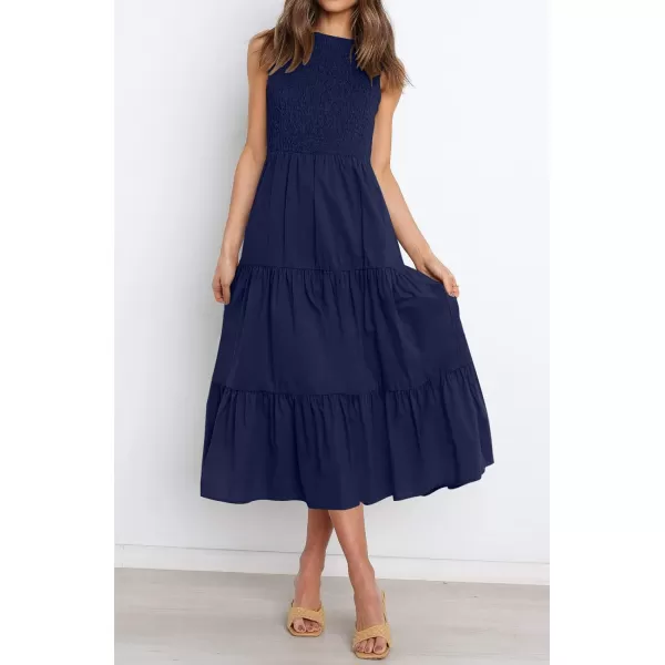 imageZESICA Womens 2024 Summer Casual Sleeveless Crew Neck Smocked High Waist Flowy Tiered A Line Midi DressNavy
