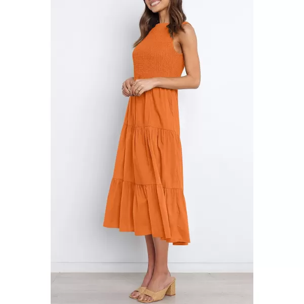imageZESICA Womens 2024 Summer Casual Sleeveless Crew Neck Smocked High Waist Flowy Tiered A Line Midi DressOrange
