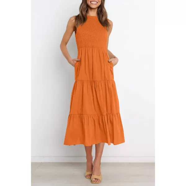 imageZESICA Womens 2024 Summer Casual Sleeveless Crew Neck Smocked High Waist Flowy Tiered A Line Midi DressOrange