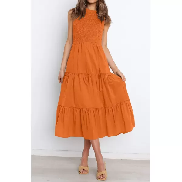 imageZESICA Womens 2024 Summer Casual Sleeveless Crew Neck Smocked High Waist Flowy Tiered A Line Midi DressOrange