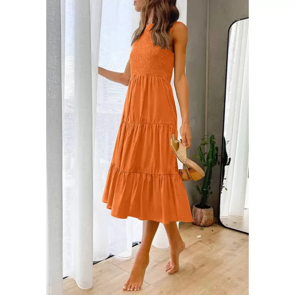 imageZESICA Womens 2024 Summer Casual Sleeveless Crew Neck Smocked High Waist Flowy Tiered A Line Midi DressOrange