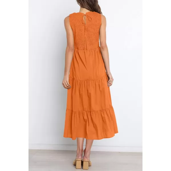 imageZESICA Womens 2024 Summer Casual Sleeveless Crew Neck Smocked High Waist Flowy Tiered A Line Midi DressOrange