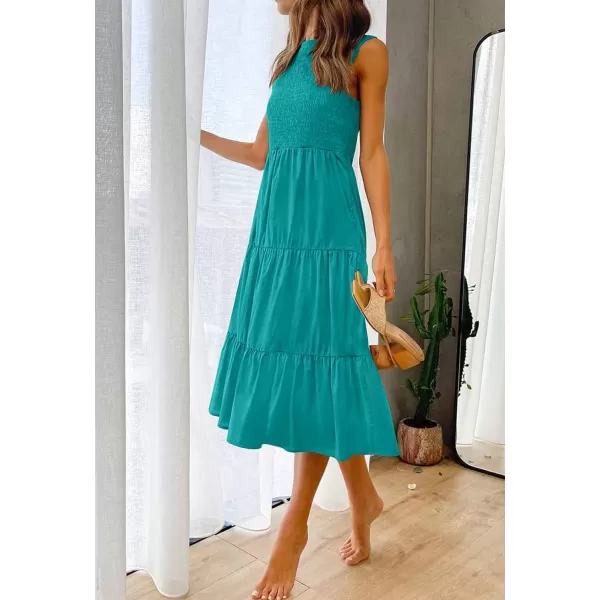 imageZESICA Womens 2024 Summer Casual Sleeveless Crew Neck Smocked High Waist Flowy Tiered A Line Midi DressPeacock