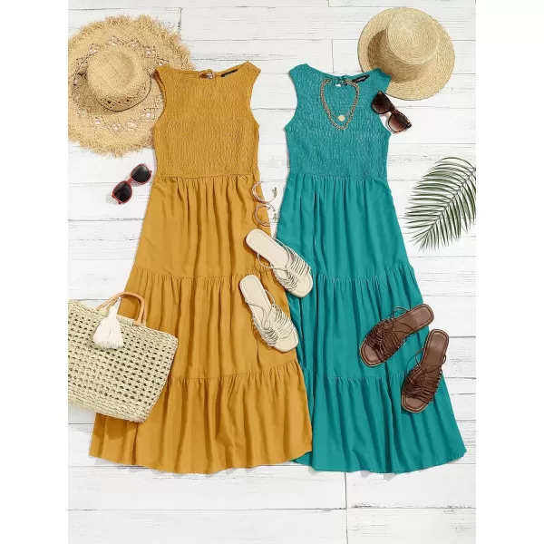 imageZESICA Womens 2024 Summer Casual Sleeveless Crew Neck Smocked High Waist Flowy Tiered A Line Midi DressPeacock