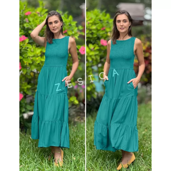 imageZESICA Womens 2024 Summer Casual Sleeveless Crew Neck Smocked High Waist Flowy Tiered A Line Midi DressPeacock