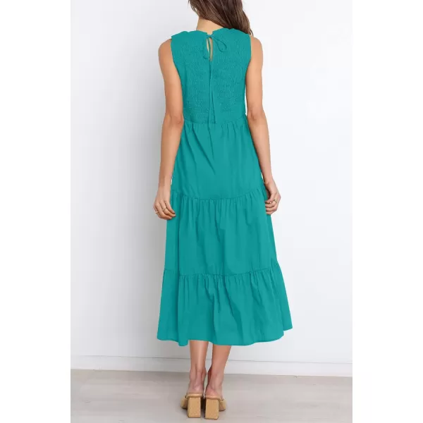 imageZESICA Womens 2024 Summer Casual Sleeveless Crew Neck Smocked High Waist Flowy Tiered A Line Midi DressPeacock