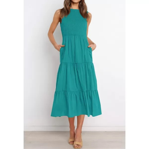 imageZESICA Womens 2024 Summer Casual Sleeveless Crew Neck Smocked High Waist Flowy Tiered A Line Midi DressPeacock