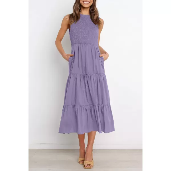 imageZESICA Womens 2024 Summer Casual Sleeveless Crew Neck Smocked High Waist Flowy Tiered A Line Midi DressPurple