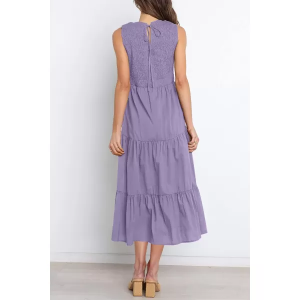 imageZESICA Womens 2024 Summer Casual Sleeveless Crew Neck Smocked High Waist Flowy Tiered A Line Midi DressPurple