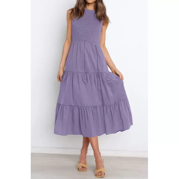 imageZESICA Womens 2024 Summer Casual Sleeveless Crew Neck Smocked High Waist Flowy Tiered A Line Midi DressPurple
