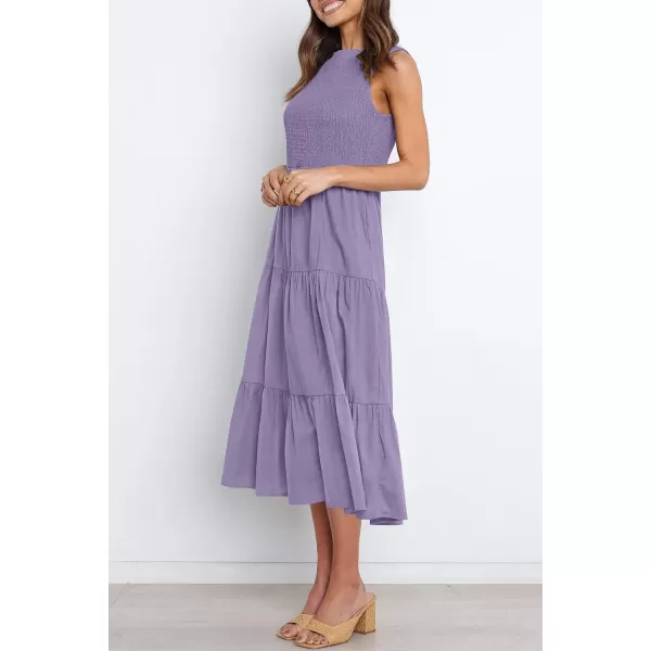 imageZESICA Womens 2024 Summer Casual Sleeveless Crew Neck Smocked High Waist Flowy Tiered A Line Midi DressPurple