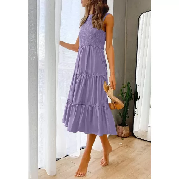 imageZESICA Womens 2024 Summer Casual Sleeveless Crew Neck Smocked High Waist Flowy Tiered A Line Midi DressPurple