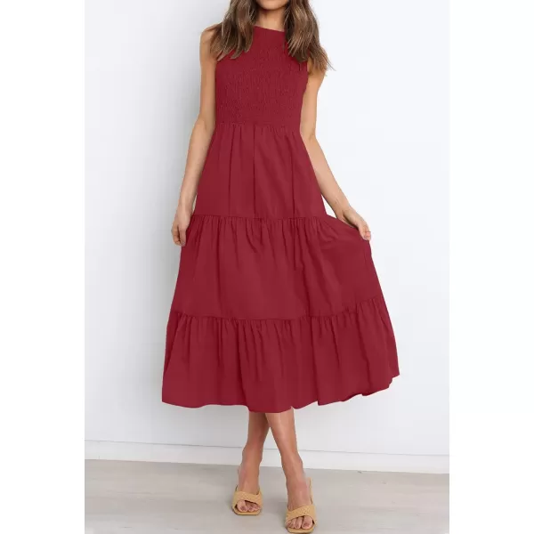 imageZESICA Womens 2024 Summer Casual Sleeveless Crew Neck Smocked High Waist Flowy Tiered A Line Midi DressRed