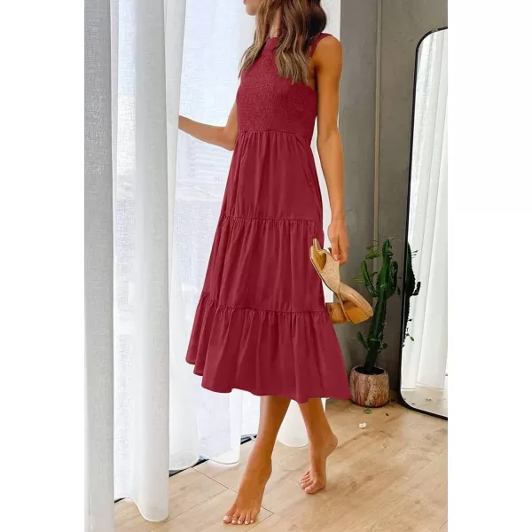 imageZESICA Womens 2024 Summer Casual Sleeveless Crew Neck Smocked High Waist Flowy Tiered A Line Midi DressRed
