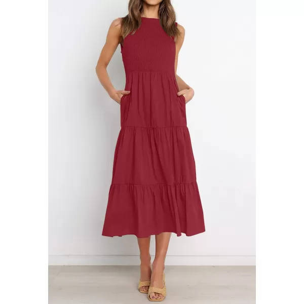 imageZESICA Womens 2024 Summer Casual Sleeveless Crew Neck Smocked High Waist Flowy Tiered A Line Midi DressRed