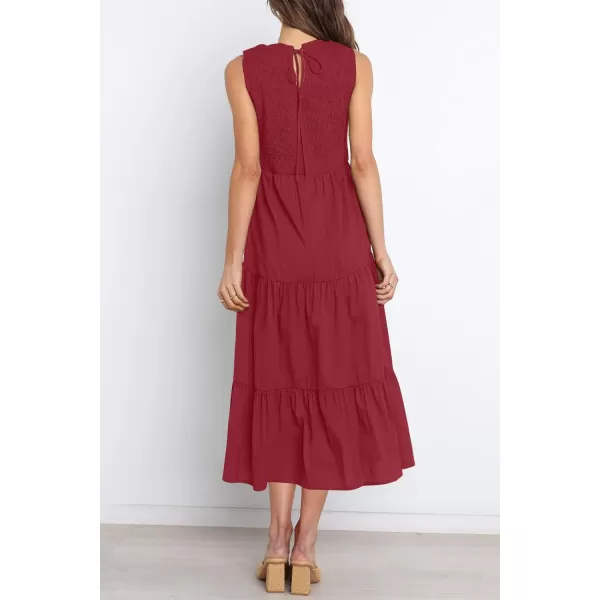 imageZESICA Womens 2024 Summer Casual Sleeveless Crew Neck Smocked High Waist Flowy Tiered A Line Midi DressRed
