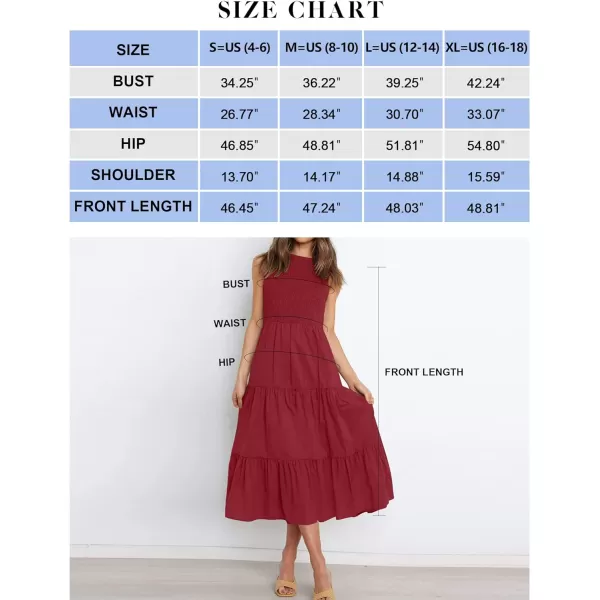 imageZESICA Womens 2024 Summer Casual Sleeveless Crew Neck Smocked High Waist Flowy Tiered A Line Midi DressRed