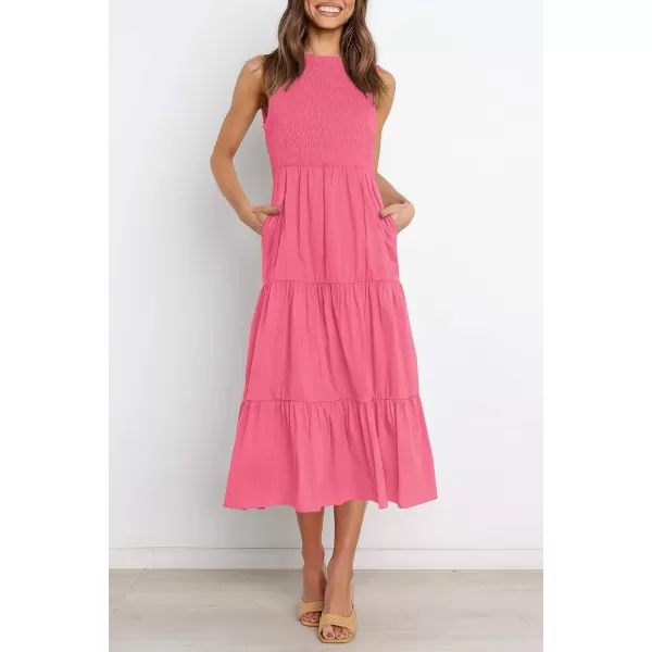 imageZESICA Womens 2024 Summer Casual Sleeveless Crew Neck Smocked High Waist Flowy Tiered A Line Midi DressRose