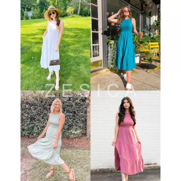 imageZESICA Womens 2024 Summer Casual Sleeveless Crew Neck Smocked High Waist Flowy Tiered A Line Midi DressRose