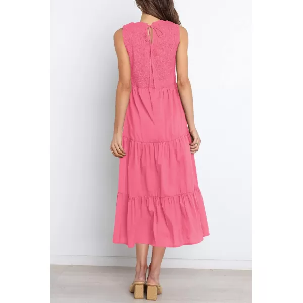 imageZESICA Womens 2024 Summer Casual Sleeveless Crew Neck Smocked High Waist Flowy Tiered A Line Midi DressRose