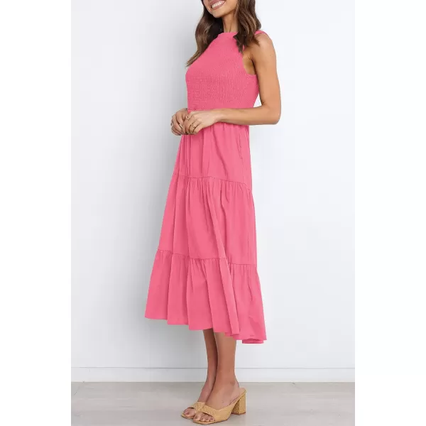 imageZESICA Womens 2024 Summer Casual Sleeveless Crew Neck Smocked High Waist Flowy Tiered A Line Midi DressRose