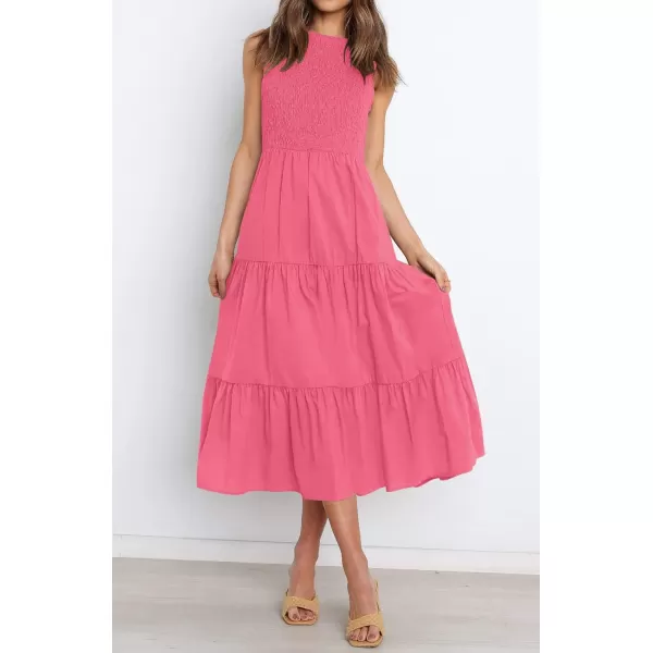 imageZESICA Womens 2024 Summer Casual Sleeveless Crew Neck Smocked High Waist Flowy Tiered A Line Midi DressRose