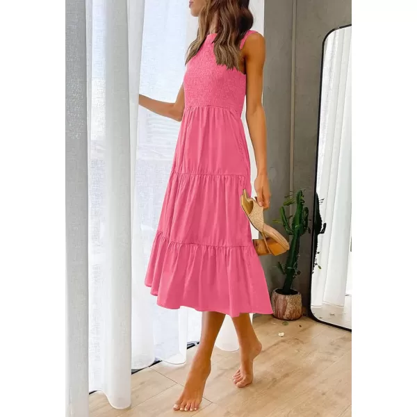 imageZESICA Womens 2024 Summer Casual Sleeveless Crew Neck Smocked High Waist Flowy Tiered A Line Midi DressRose