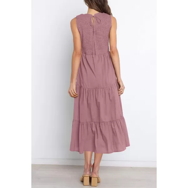 imageZESICA Womens 2024 Summer Casual Sleeveless Crew Neck Smocked High Waist Flowy Tiered A Line Midi DressRosypink