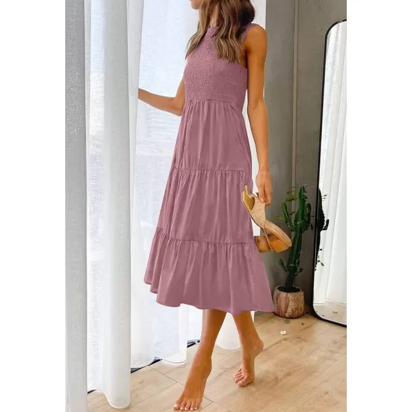 imageZESICA Womens 2024 Summer Casual Sleeveless Crew Neck Smocked High Waist Flowy Tiered A Line Midi DressRosypink