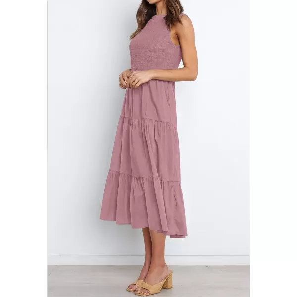 imageZESICA Womens 2024 Summer Casual Sleeveless Crew Neck Smocked High Waist Flowy Tiered A Line Midi DressRosypink
