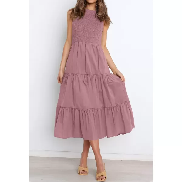 imageZESICA Womens 2024 Summer Casual Sleeveless Crew Neck Smocked High Waist Flowy Tiered A Line Midi DressRosypink