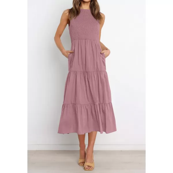 imageZESICA Womens 2024 Summer Casual Sleeveless Crew Neck Smocked High Waist Flowy Tiered A Line Midi DressRosypink