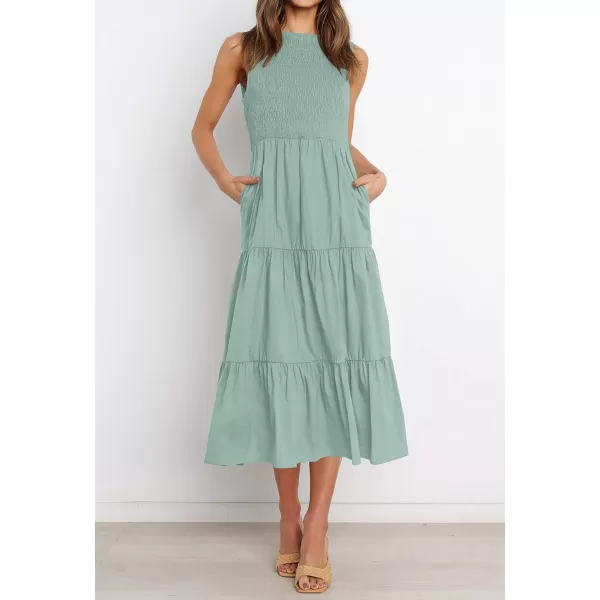imageZESICA Womens 2024 Summer Casual Sleeveless Crew Neck Smocked High Waist Flowy Tiered A Line Midi DressSage